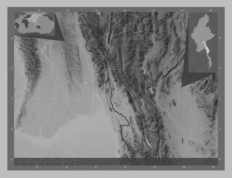 Kayin, Myanmar. Grayscale elevation map with lakes and rivers Stock Illustration