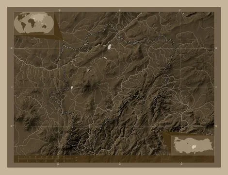 Kayseri, Turkiye. Elevation map colored in sepia tones with lakes and rivers Stock Illustration
