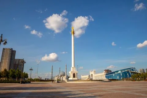 Kazak Eli monument on Independence Square in Astana. Tall column Stock Photos