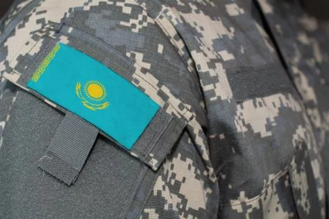 Kazakhstan army uniform patch flag on soldiers arm. Military Concept Stock Illustration