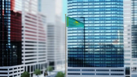 Kazakhstan Flag 3D Render Animation Waving in Front of Modern Glass Building Video stock 333075579