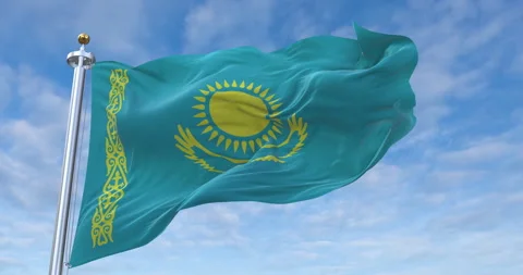 Kazakhstan flag with flagpole waving in rolling clouds looping, 4K Perfect Loop Stock Footage 277375505