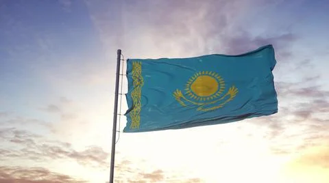 Kazakhstan flag waving in the wind, dramatic sky background. 3d illustration Illustrazione stock