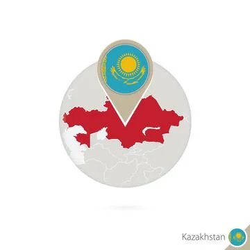 Kazakhstan map and flag in circle. Map of Kazakhstan, Kazakhstan flag pin. .. Stock Illustration