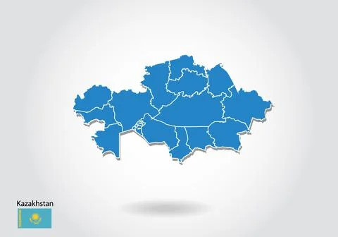 Kazakhstan map design with 3D style. Blue Kazakhstan map and National flag. S Stock Illustration