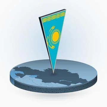 Kazakhstan map in round isometric style with triangular 3D flag of Kazakhstan Stock Illustration