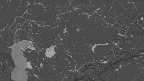 Kazakhstan outlined on a Bilevel elevation map with lakes and rivers Illustrazione stock