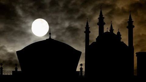 Kazan: Time Lapse by Night with Full Moon and Silhouette of Kul Sharif Mosque Stock Footage 122049431
