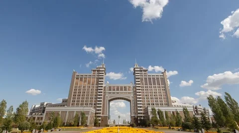 KazMunayGas - Head office. View of the Bayterek in the arch. Zoom. Time Lapse Stock Footage