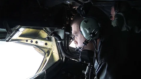 KC-135 begins the refuel process for an F-15E during Air Refueling Mission -2015 Stock Footage 99981549