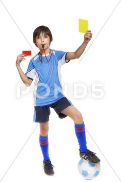 Kd in sportswear holding soccer ball and giving yellow card isolated on white Stock Photos