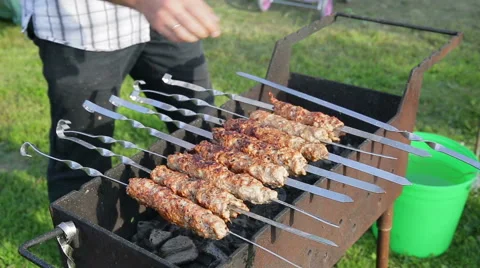 Kebab is fried on coals Stock Footage 53165039