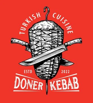 Kebab, grilled meat poster vector. Turkish and Arabic fast food restaurant or Stock Illustration