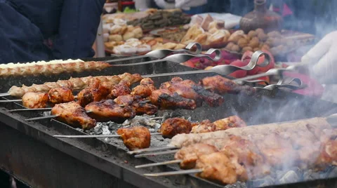 Kebab, meat roasted on the coals.slow motion Stock-Footage 64118432