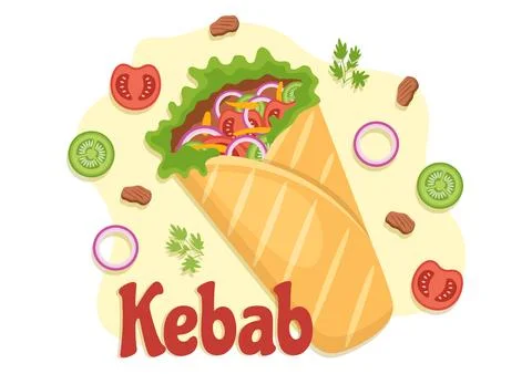 Kebab Vector Illustration with Stuffing Chicken or Beef Meat, Salad and Veg.. Stock Illustration