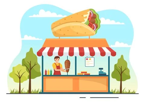 Kebab Vector Illustration with Stuffing Chicken or Beef Meat, Salad and Veg.. Stock Illustration