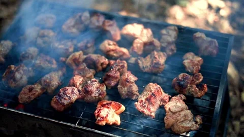 Kebabs are cooked on a grill outdoors. Roasted juicy pork meat  Stock Footage 253168321