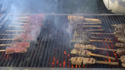 Kebabs On The Bbq Grill Turn Lid Close Stock Footage 105886997