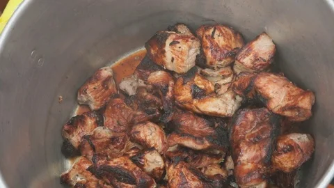 Kebabs cooked in aluminum containers Stock Footage 72225396