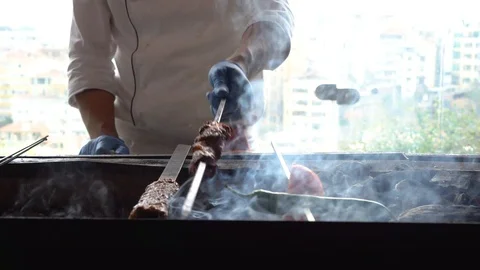 Kebabs cooked on a barbecue Stock Footage 106481088