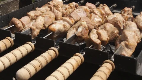 Kebabs Cooking On A Grill Fire Stock Footage 113218868