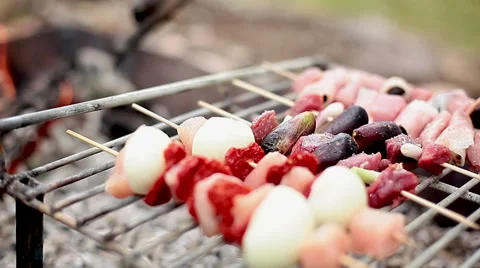 Kebabs cooking on grill Stock Footage 63305745