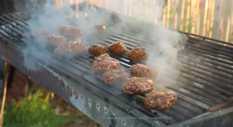 Kebabs roasting on the grill with smoke and fire Stock Footage 255495462