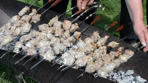 Kebabs on skewers on the grill Stock Footage 63148660