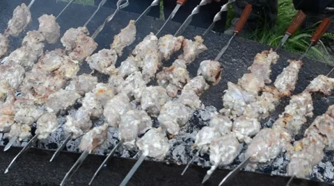 Kebabs on skewers on the grill Stock Footage 63148669