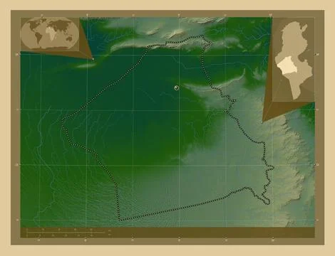 Kebili, Tunisia. Colored elevation map with lakes and rivers Stock Illustration