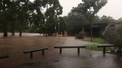 Kedron Brook Flooded Under Train Bridge | Brisbane Flood 2022 Australia Video stock 177751100