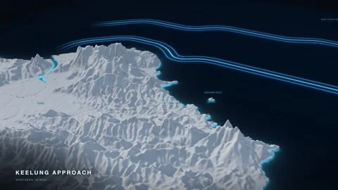 Keelung Approach 3D White Terrain Relief Map With Glowing Shipping Route Stock Footage 343538548