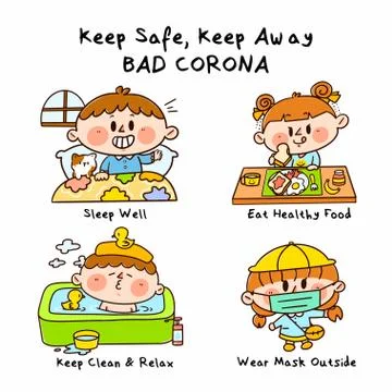 Keep Away Keep Safe From Bad Corona Campaign Doodle Illustration Vector Stock Illustration