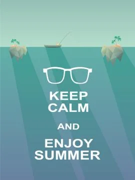 Keep calm and enjoy summer motivational poster with polygonal island, palm trees Stock Illustration