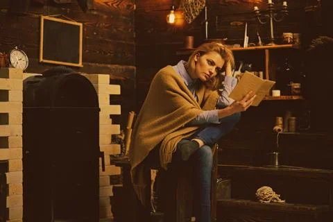 Keep calm and read a book. Student get knowledge from book. Pretty woman read a Fotos Stock