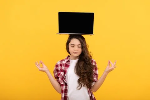 Keep calm. school presentation on computer. kid ready for video study. girl with Foto stock