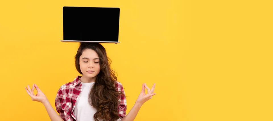 Keep calm. school presentation on computer. kid ready for video study. girl with Stock Photos