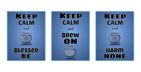 Keep calm wiccan posters set. Witchcraft postcards designs with magic cauldro Stock Illustration