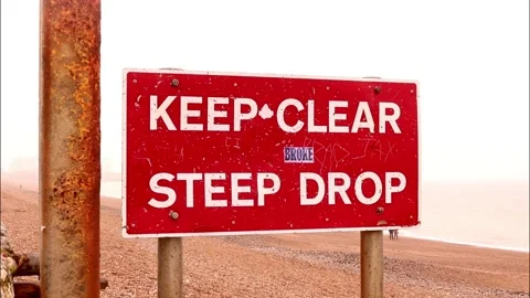 Keep Clear Steep Drop Caution Danger Red Sign Warning Sea Coast Beach Cloudy 스톡 동영상 270427068
