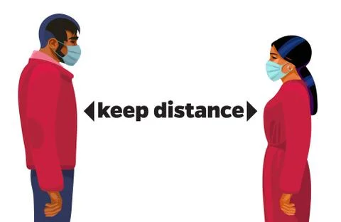 Keep distance concept. Young man and woman in medical masks stand at safe Stock Illustration