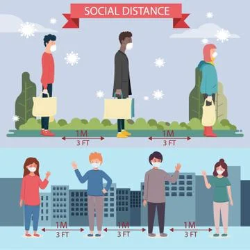 Keep distance in public society people to protect from COVID-19 Stock Illustration