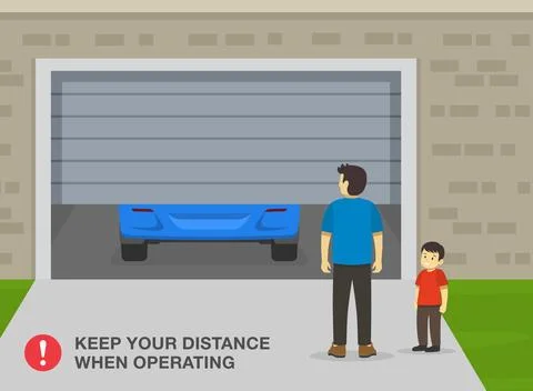 Keep distance when operating. Man with his son standing in front of the garage. Stock Illustration