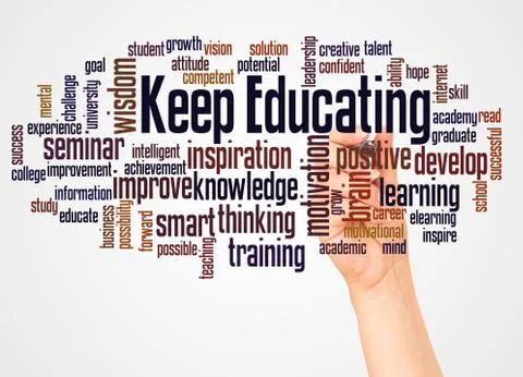 Keep educating word cloud and hand with marker concept Stock Photos