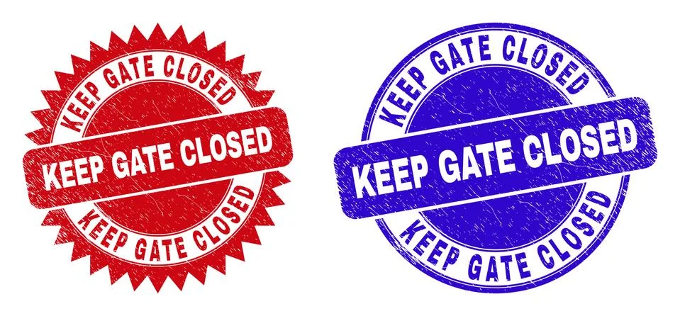 KEEP GATE CLOSED Round and Rosette Stamp Seals with Corroded Texture Stock Illustration