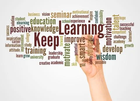 Keep Learning word cloud and hand with marker concept Stock Photos