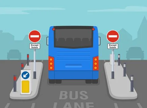 Keep left, no vehicles except buses sign. Back view of a bus moving. Stock Illustration
