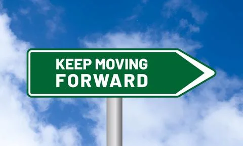 Keep moving forward road sign on blue sky background Fotos Stock