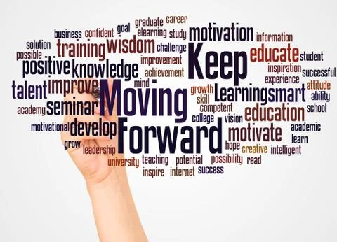 Keep Moving Forward word cloud and hand with marker concept 스톡 사진