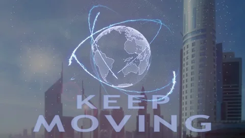 Keep moving text with 3d hologram of the planet Earth against the backdrop of Video stock 98577631