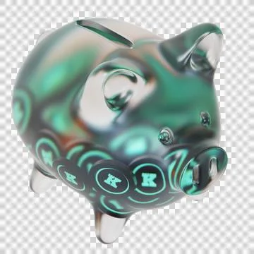 Keep Network (KEEP) Clear Glass piggy bank with decreasing piles of crypto coins 库存插图